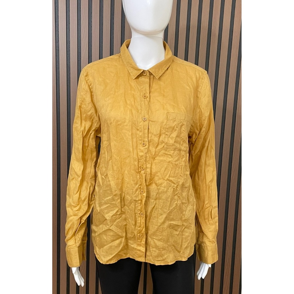 Garnet Hill Women's 12 Yellow Button-Up 100% Linen Shirt Casual Chic Boho Blouse